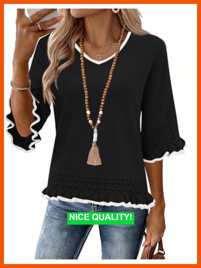 3/4 Sleeve V-Neck Peplum Crop Knit Sweater Pullover Summer Outfits 2026